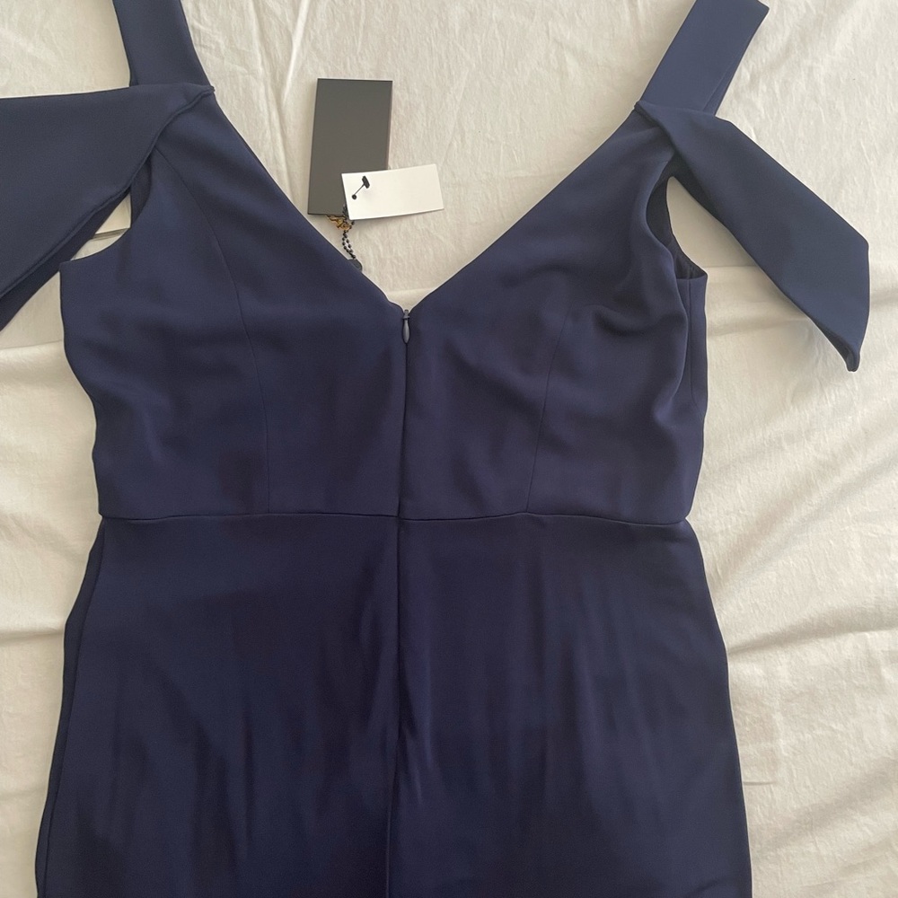ABS by Allen Schwartz Navy Triangle Sleeve Deep V-Neck Gown - Picture 5 of 16